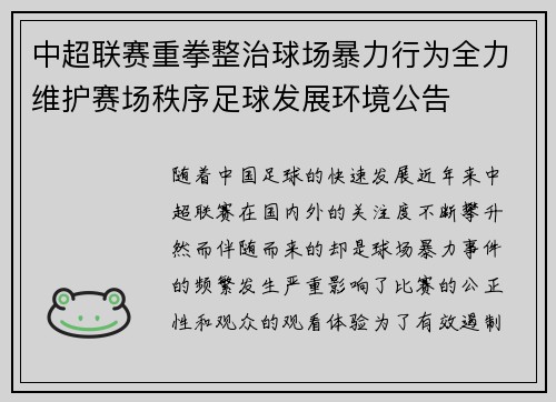 中超联赛重拳整治球场暴力行为全力维护赛场秩序足球发展环境公告