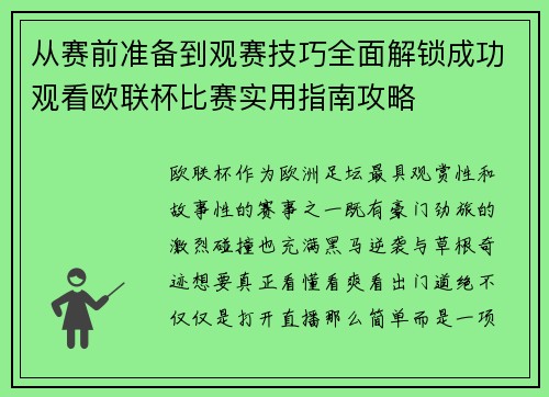 从赛前准备到观赛技巧全面解锁成功观看欧联杯比赛实用指南攻略